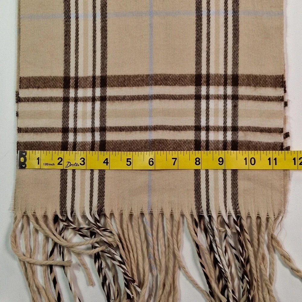 100% Cashmere Scarf Made in Scotland Tan Brown Plaid Check Fringe Winter Wrap